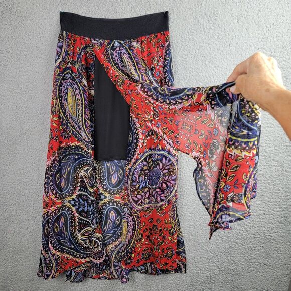 Bebe Skirt Womens XS Red Blue Paisley Boho Maxi Y2K Slits Stretch Waist - Picture 1 of 16